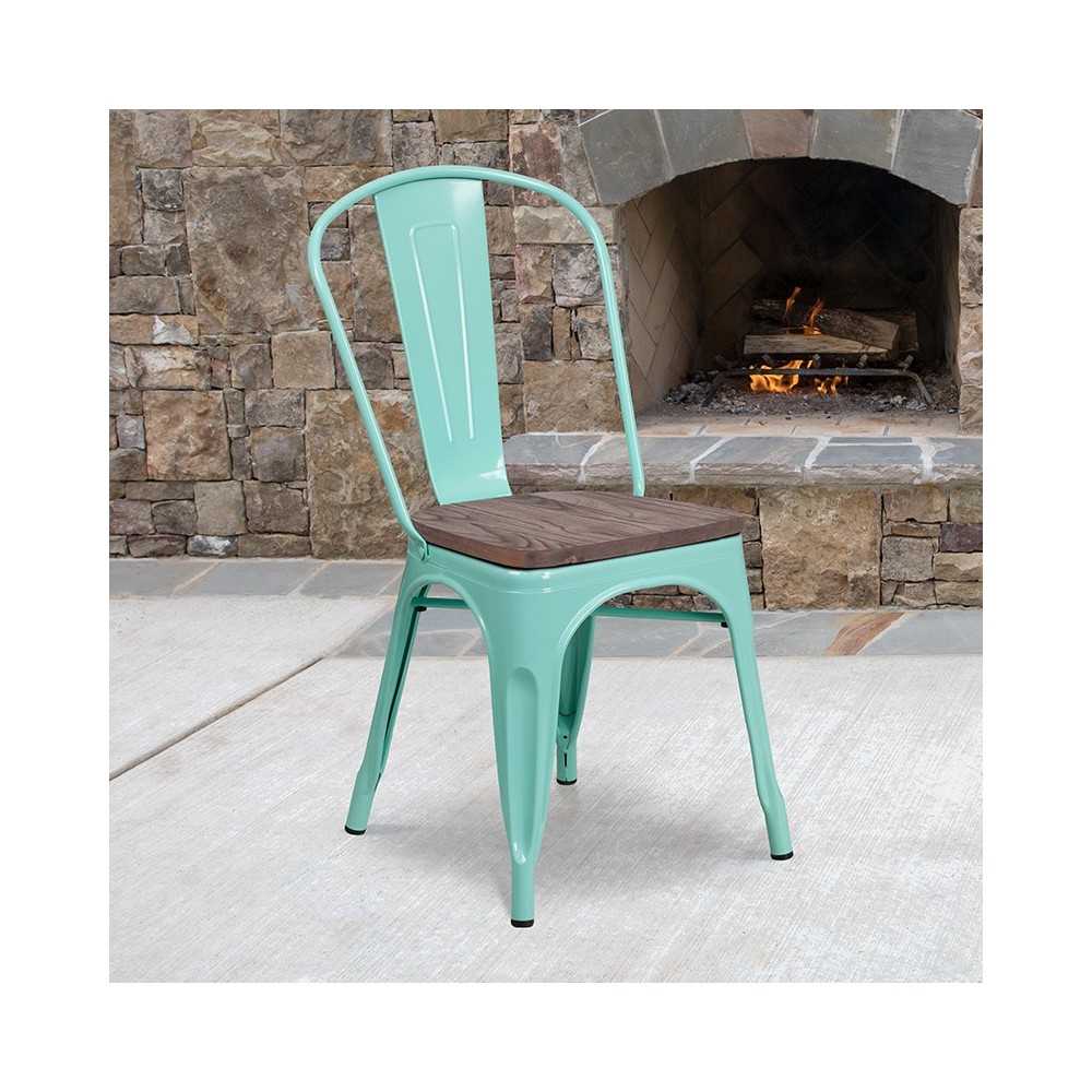 Mint Green Metal Stackable Chair with Wood Seat