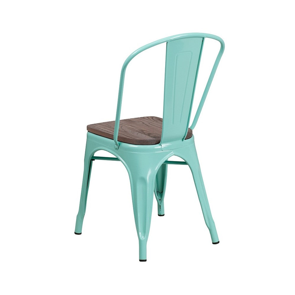 Mint Green Metal Stackable Chair with Wood Seat