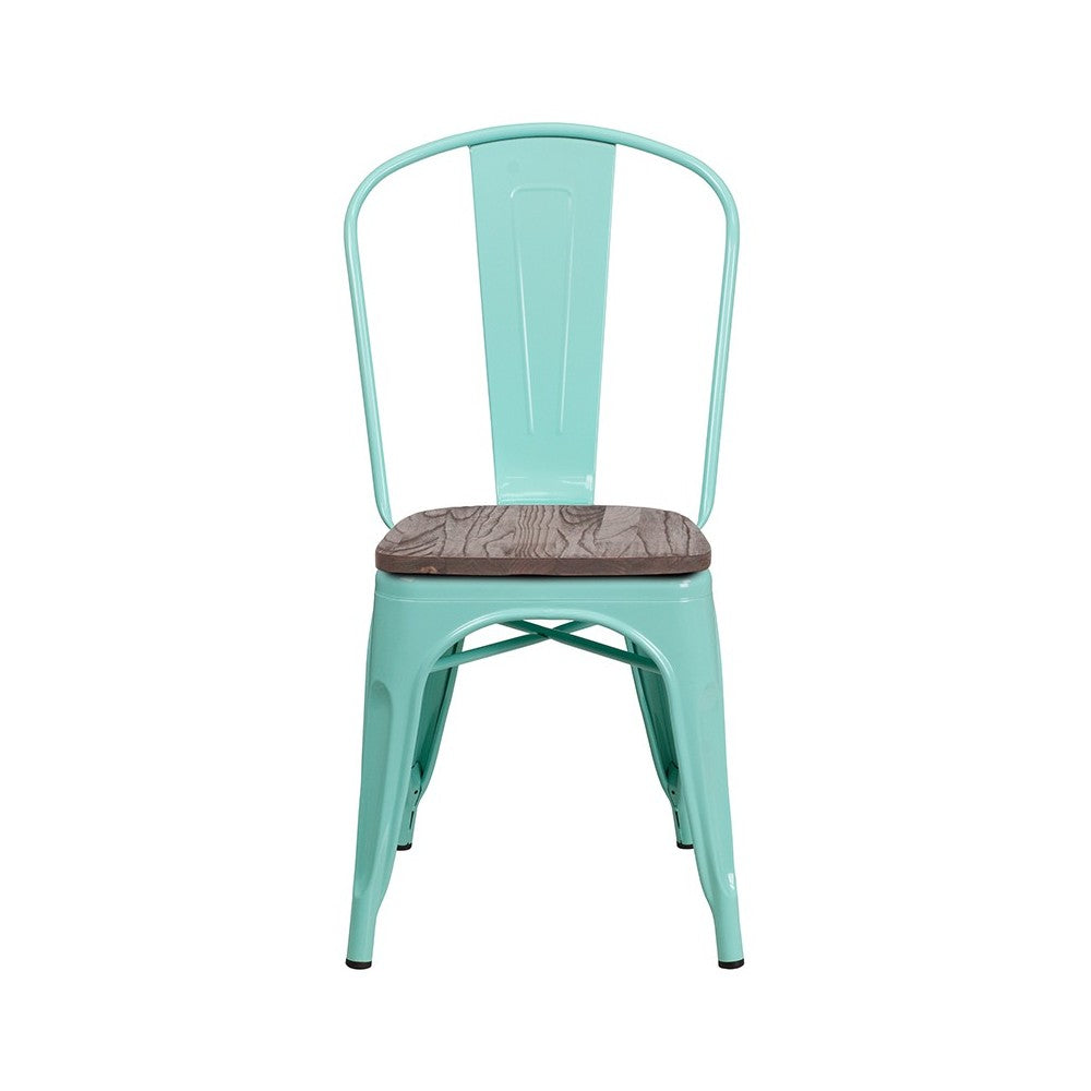 Mint Green Metal Stackable Chair with Wood Seat