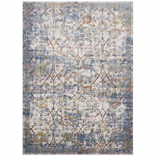 Minu Distressed Floral Lattice 4x6 Area Rug, Light Blue, Yellow and Orange