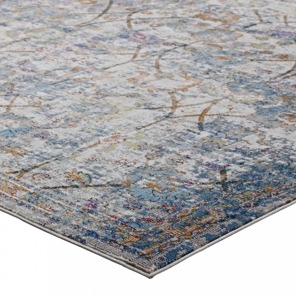 Minu Distressed Floral Lattice 5x8 Area Rug, Light Blue, Yellow and Orange