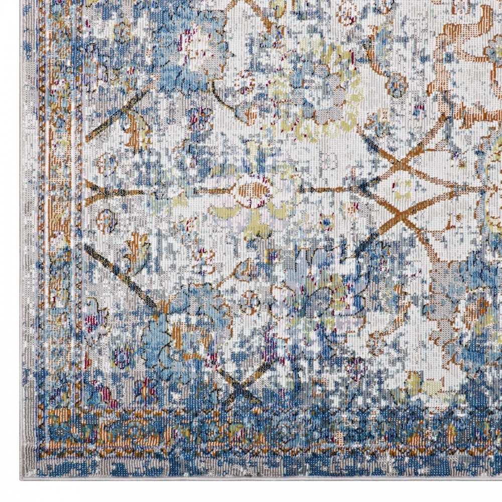 Minu Distressed Floral Lattice 5x8 Area Rug, Light Blue, Yellow and Orange