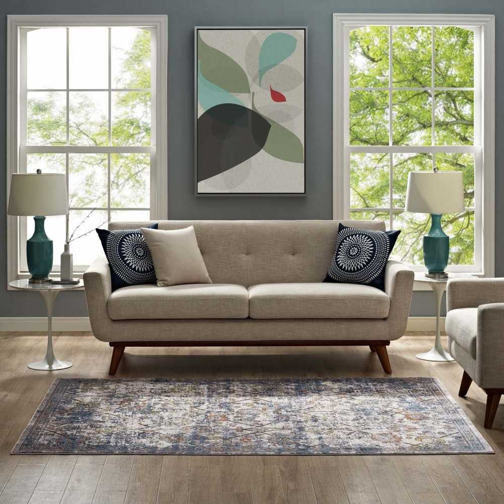 Minu Distressed Floral Lattice 5x8 Area Rug, Light Blue, Yellow and Orange