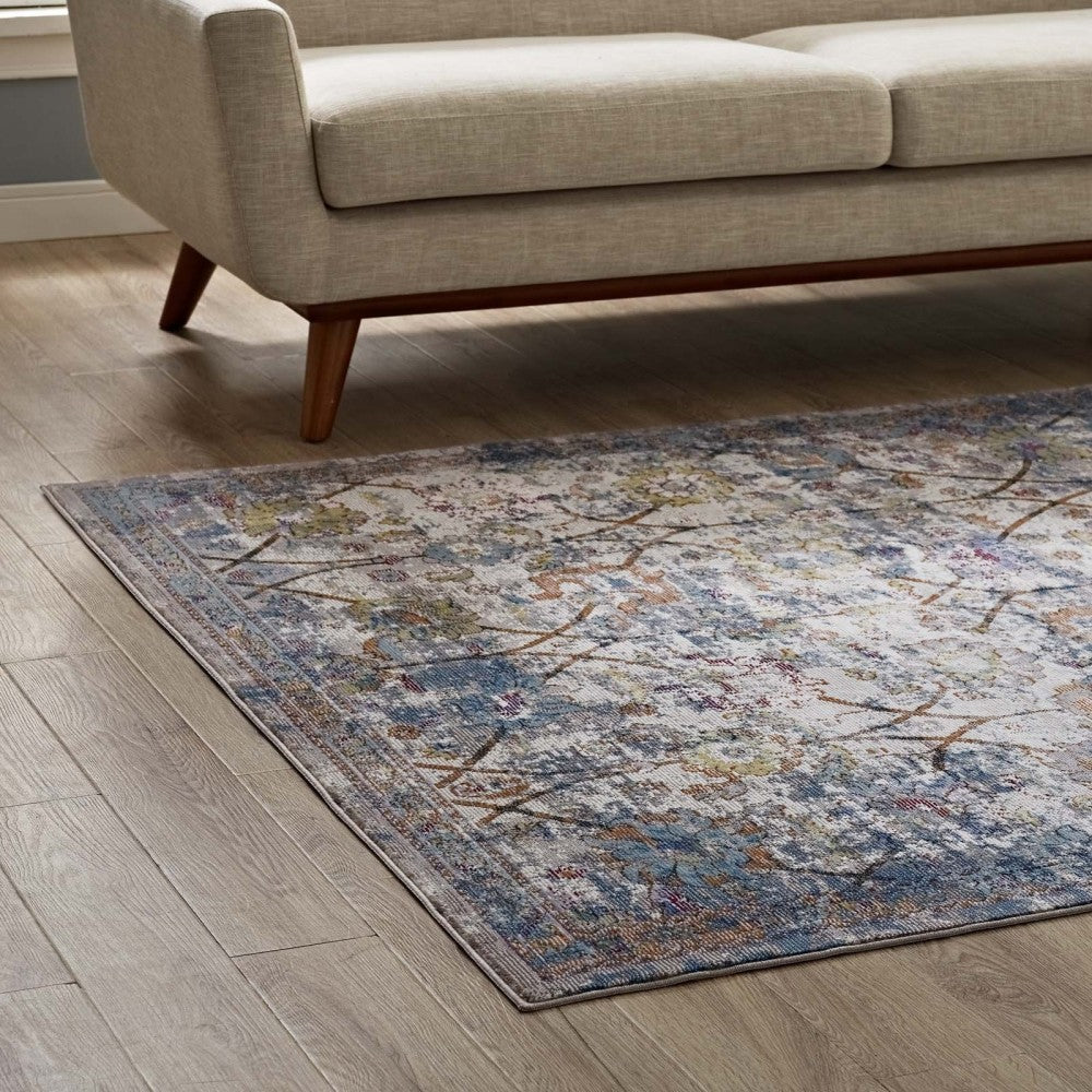 Minu Distressed Floral Lattice 5x8 Area Rug, Light Blue, Yellow and Orange