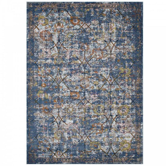 Minu Distressed Floral Lattice 5x8 Area Rug, Blue Gray, Yellow and Orange