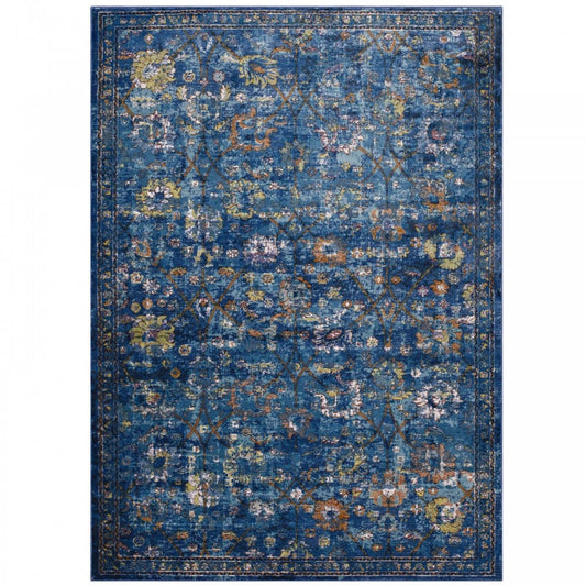 Minu Distressed Floral Lattice 8x10 Area Rug, Dark Blue, Yellow and Orange