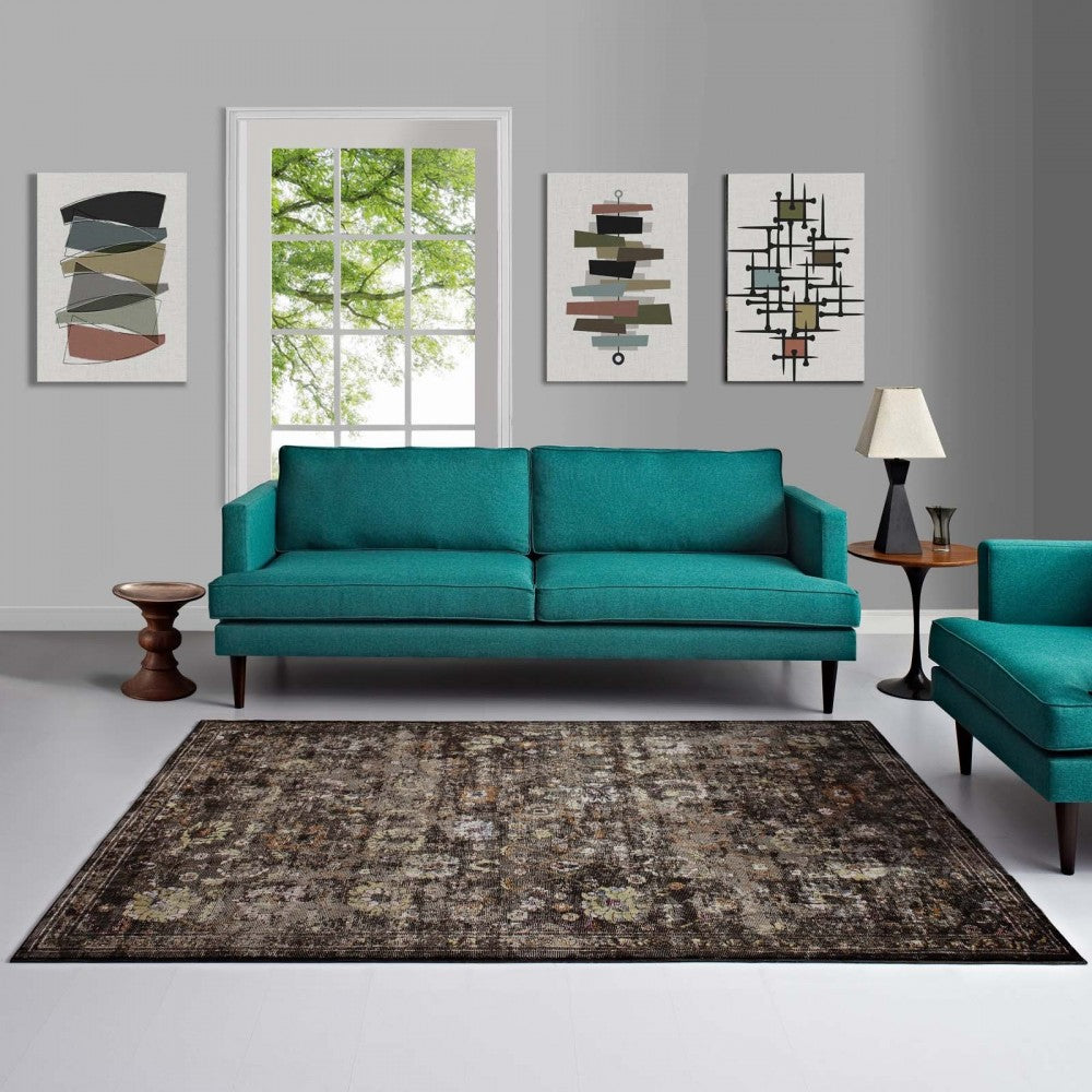 Minu Distressed Floral Lattice 8x10 Area Rug, Black, Yellow and Orange