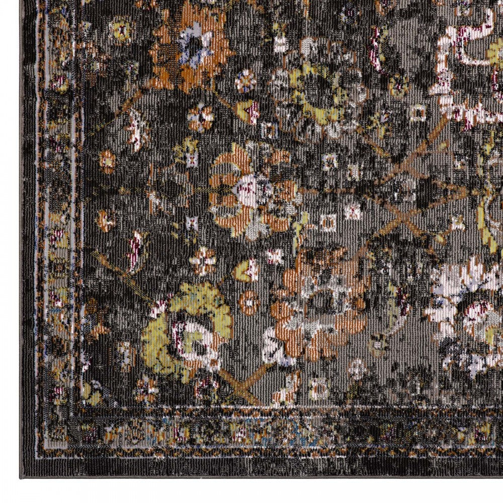 Minu Distressed Floral Lattice 8x10 Area Rug, Black, Yellow and Orange