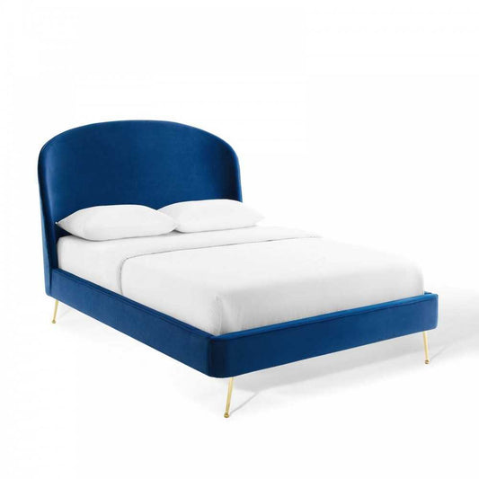 Mira Upholstered Performance Velvet Queen Platform Bed, Navy