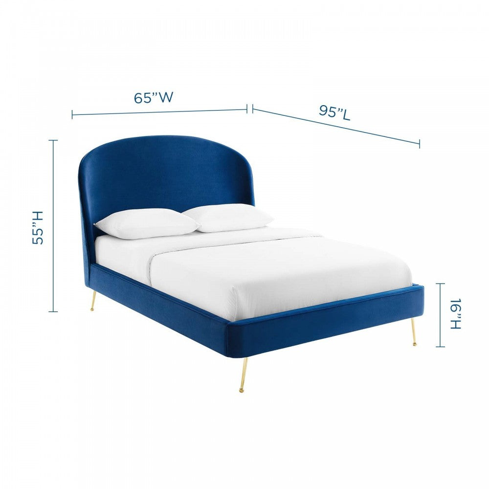 Mira Upholstered Performance Velvet Queen Platform Bed, Navy