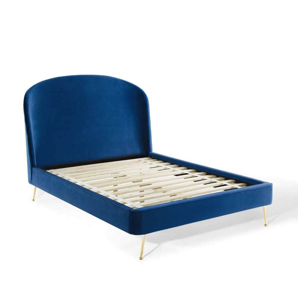 Mira Upholstered Performance Velvet Queen Platform Bed, Navy