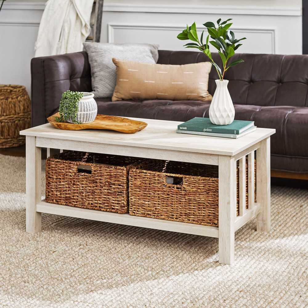 Mission Storage Coffee Table with Baskets - White Oak