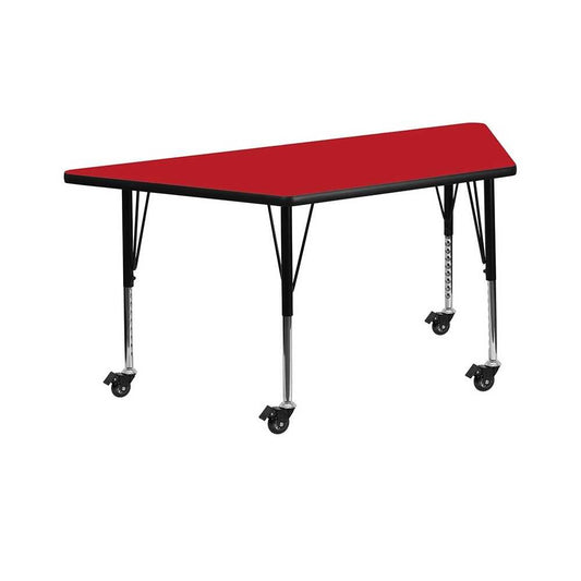 Mobile 22.5''W x 45''L Trapezoid Red HP Laminate Activity Table - Height Adjustable Short Legs