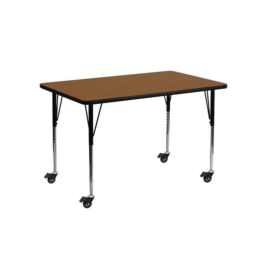 Mobile 24''W x 48''L Rectangular Oak HP Laminate Activity Table - Standard Height Adjustable Legs