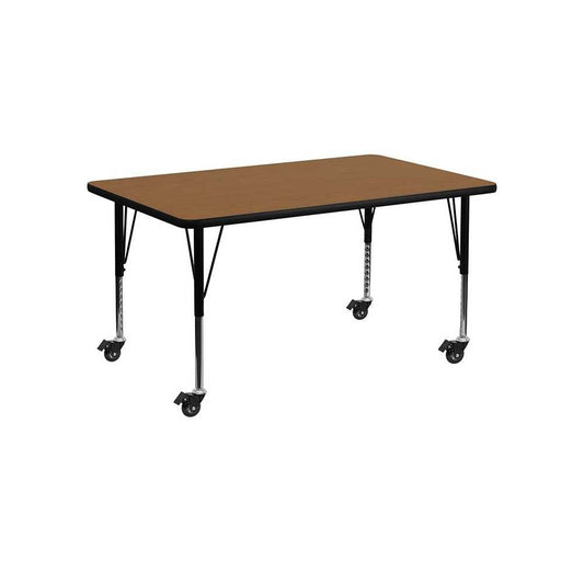 Mobile 24''W x 48''L Rectangular Oak Thermal Laminate Activity Table - Height Adjustable Short Legs