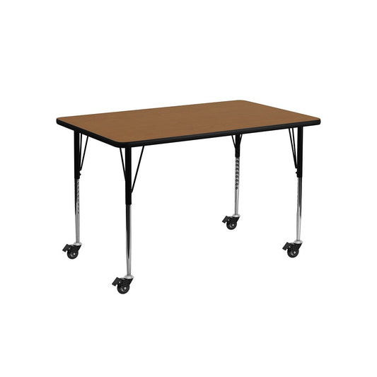 Mobile 24''W x 48''L Rectangular Oak Thermal Laminate Activity Table - Standard Height Adjustable Legs