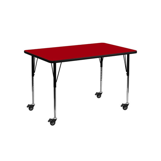 Mobile 24''W x 48''L Rectangular Red Thermal Laminate Activity Table - Standard Height Adjustable Legs