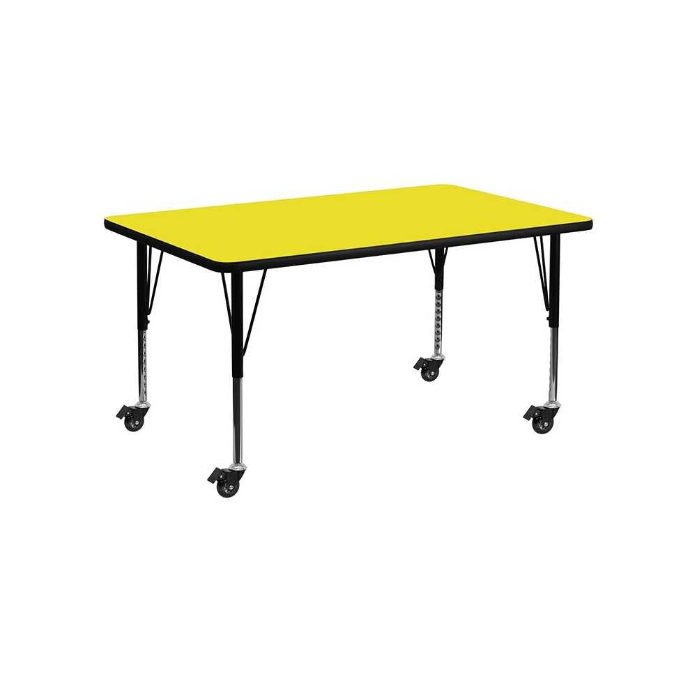 Mobile 24''W x 48''L Rectangular Yellow HP Laminate Activity Table - Height Adjustable Short Legs