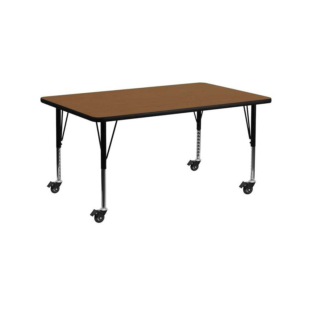 Mobile 24''W x 60''L Rectangular Oak HP Laminate Activity Table - Height Adjustable Short Legs