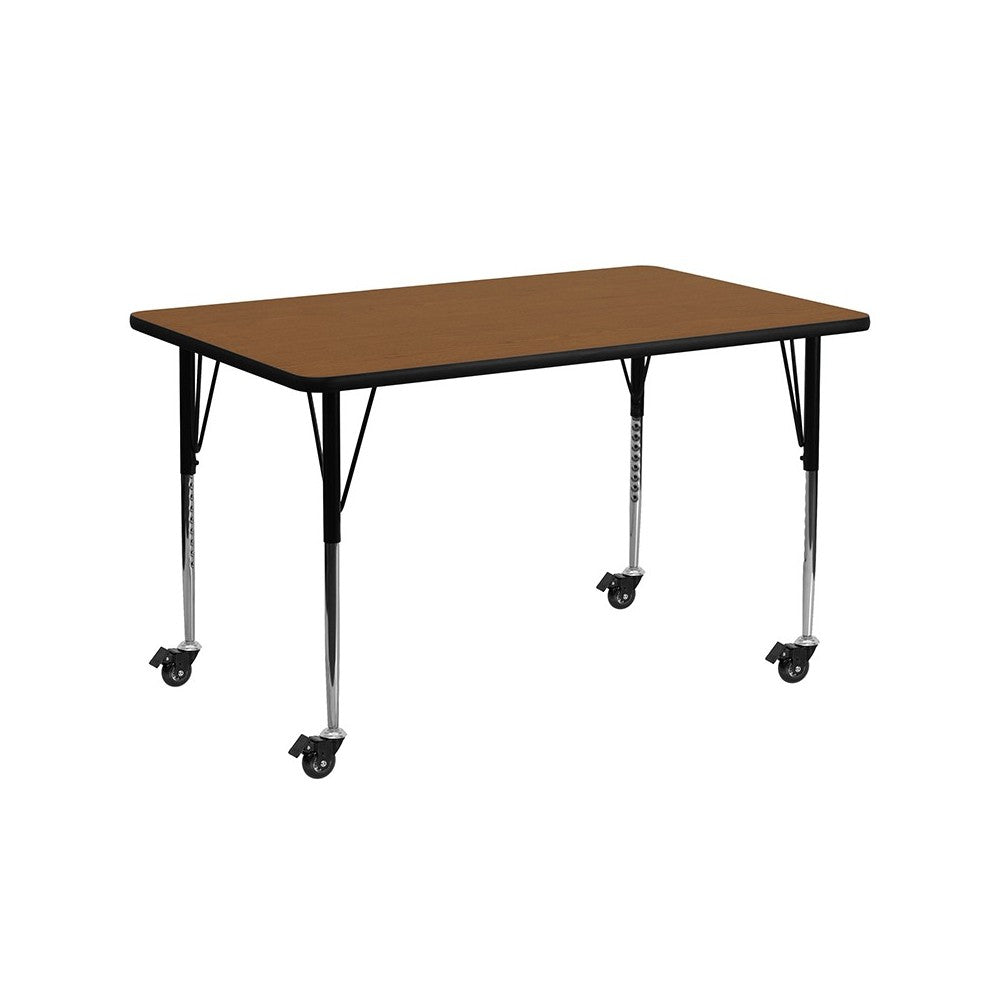 Mobile 24''W x 60''L Rectangular Oak HP Laminate Activity Table - Standard Height Adjustable Legs