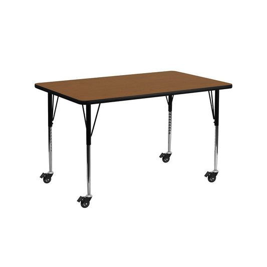 Mobile 24''W x 60''L Rectangular Oak HP Laminate Activity Table - Standard Height Adjustable Legs