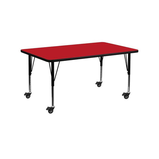 Mobile 24''W x 60''L Rectangular Red HP Laminate Activity Table - Height Adjustable Short Legs