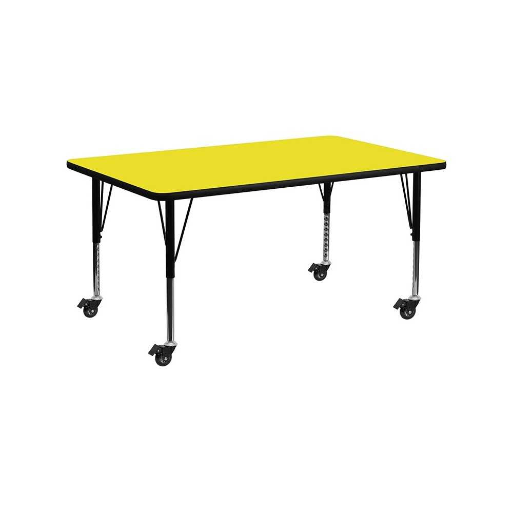 Mobile 24''W x 60''L Rectangular Yellow HP Laminate Activity Table - Height Adjustable Short Legs