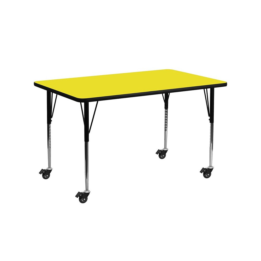 Mobile 24''W x 60''L Rectangular Yellow HP Laminate Activity Table - Standard Height Adjustable Legs