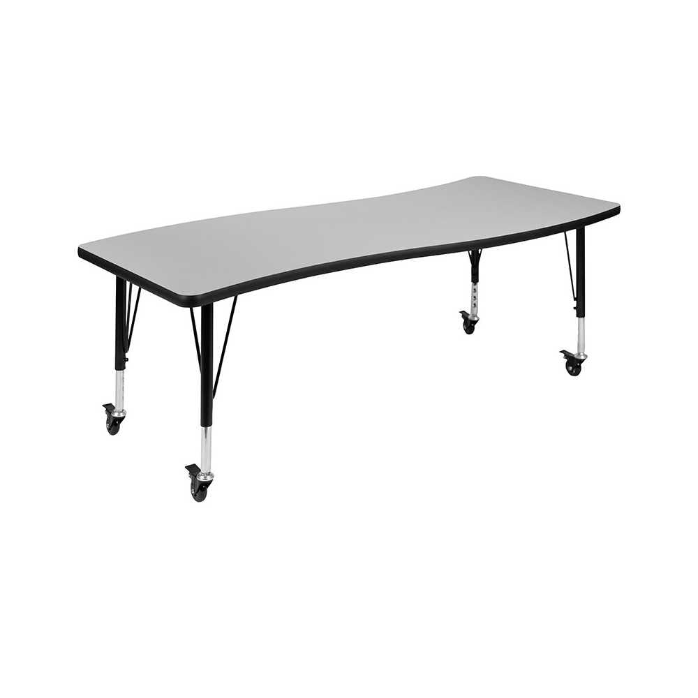 Mobile 26"W x 60"L Rectangular Wave Collaborative Gray Thermal Laminate Activity Table - Height Adjustable Short Legs