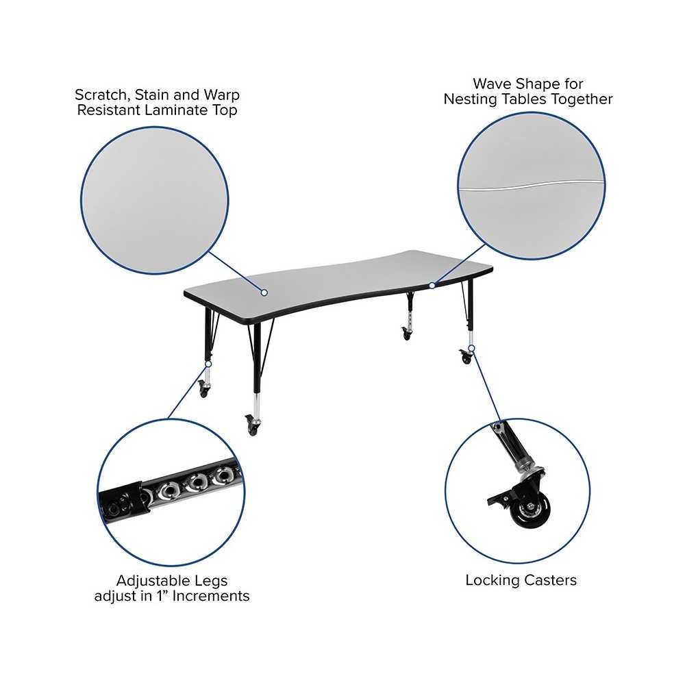 Mobile 26"W x 60"L Rectangular Wave Collaborative Gray Thermal Laminate Activity Table - Height Adjustable Short Legs