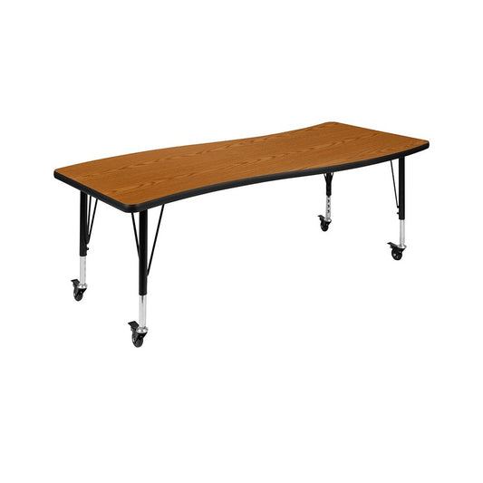 Mobile 26"W x 60"L Rectangular Wave Collaborative Oak Thermal Laminate Activity Table - Height Adjustable Short Legs