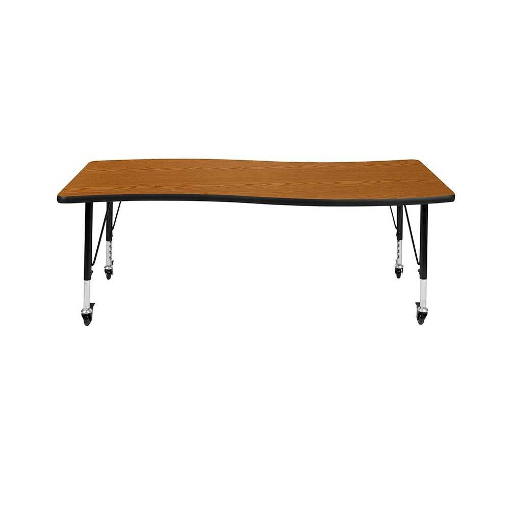 Mobile 26"W x 60"L Rectangular Wave Collaborative Oak Thermal Laminate Activity Table - Height Adjustable Short Legs