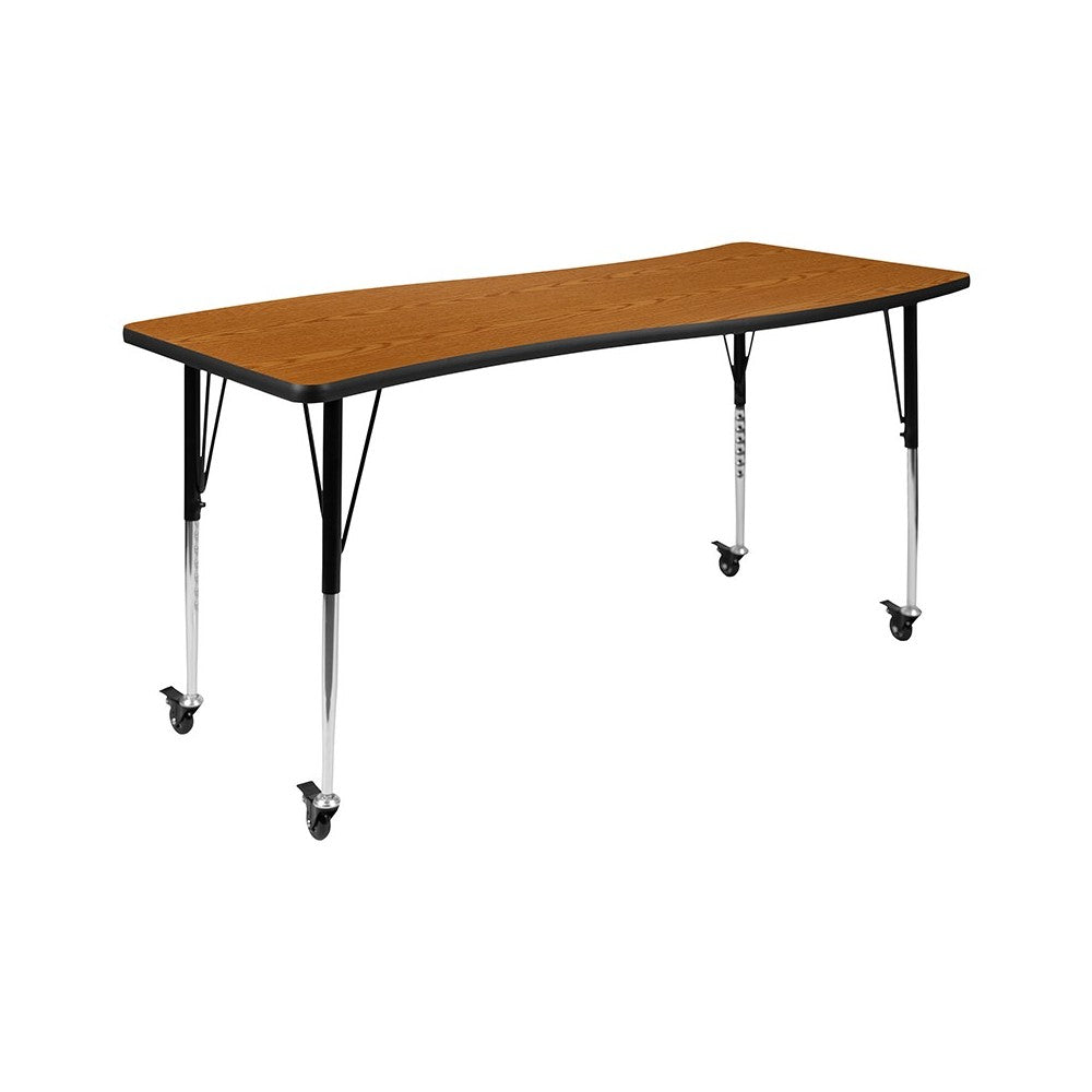 Mobile 26"W x 60"L Rectangular Wave Collaborative Oak Thermal Laminate Activity Table - Standard Height Adjustable Legs