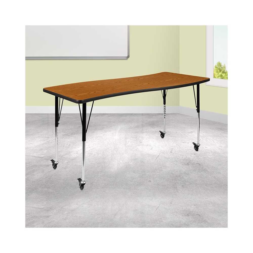 Mobile 26"W x 60"L Rectangular Wave Collaborative Oak Thermal Laminate Activity Table - Standard Height Adjustable Legs