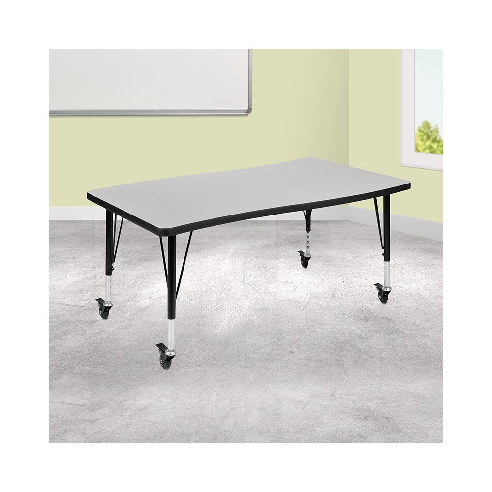 Mobile 28"W x 47.5"L Rectangular Wave Collaborative Gray Thermal Laminate Activity Table - Height Adjustable Short Legs