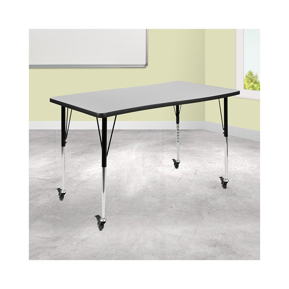 Mobile 28"W x 47.5"L Rectangular Wave Collaborative Gray Thermal Laminate Activity Table-Standard Height Adjustable Legs