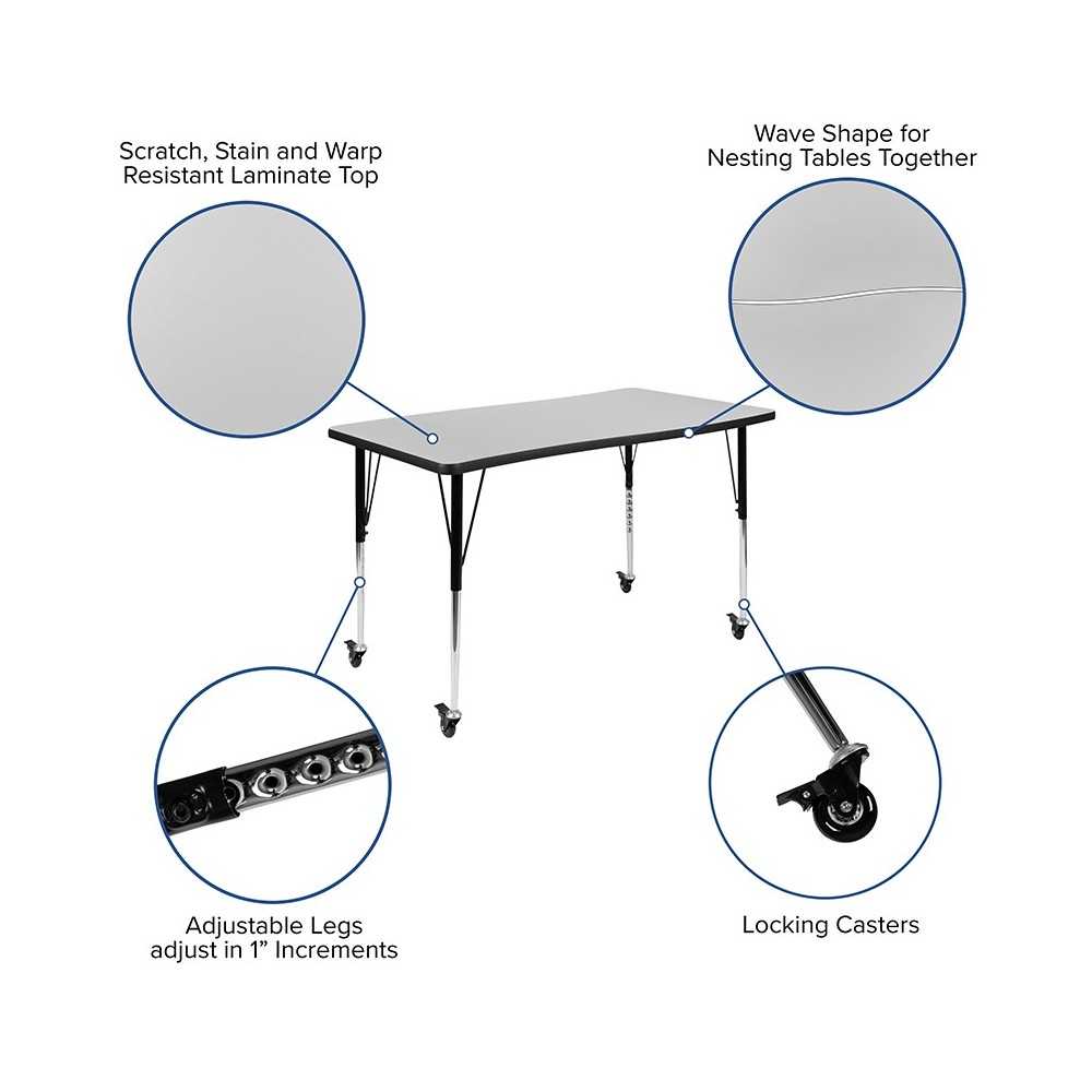 Mobile 28"W x 47.5"L Rectangular Wave Collaborative Gray Thermal Laminate Activity Table-Standard Height Adjustable Legs