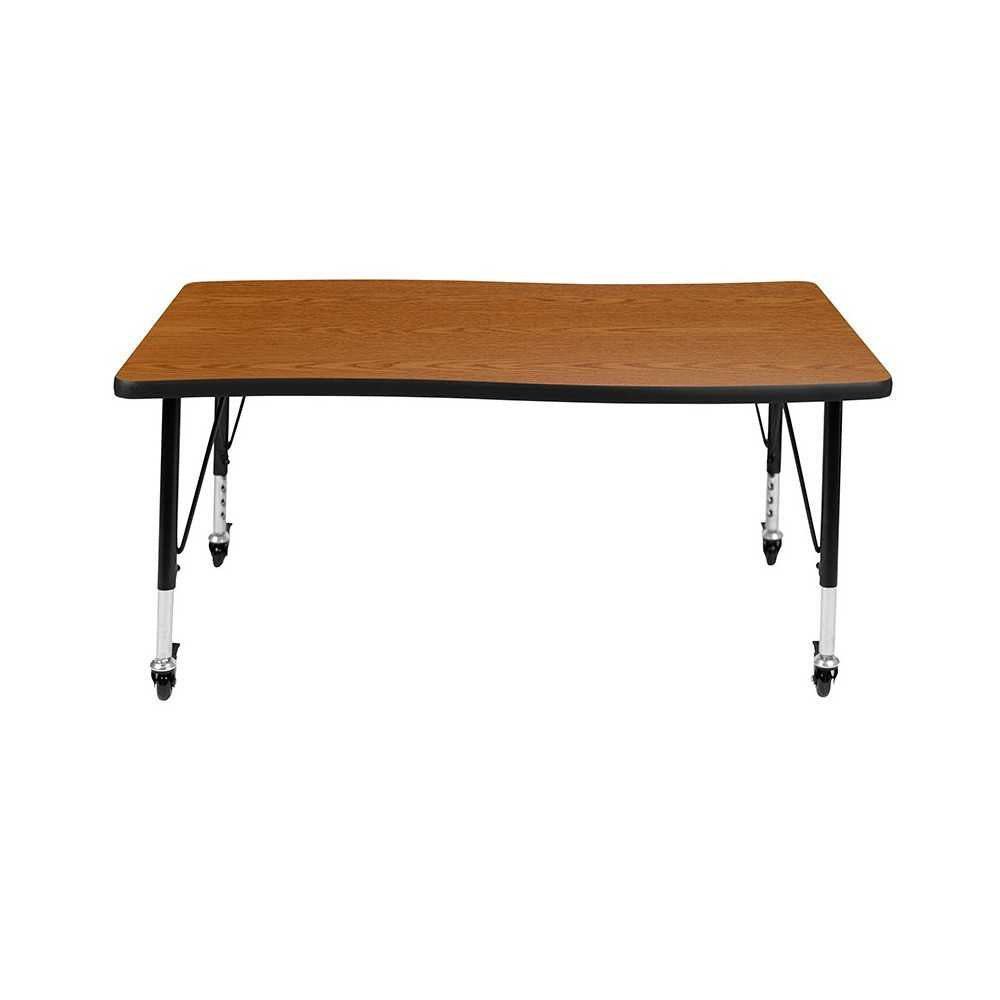 Mobile 28"W x 47.5"L Rectangular Wave Collaborative Oak Thermal Laminate Activity Table - Height Adjustable Short Legs