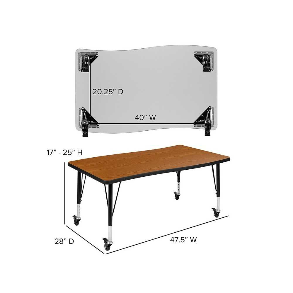Mobile 28"W x 47.5"L Rectangular Wave Collaborative Oak Thermal Laminate Activity Table - Height Adjustable Short Legs