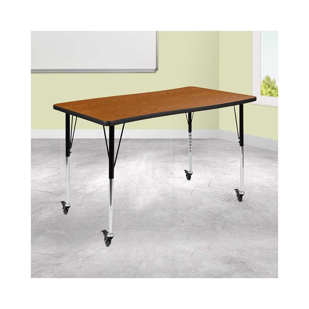 Mobile 28"W x 47.5"L Rectangular Wave Collaborative Oak Thermal Laminate Activity Table-Standard Height Adjustable Legs