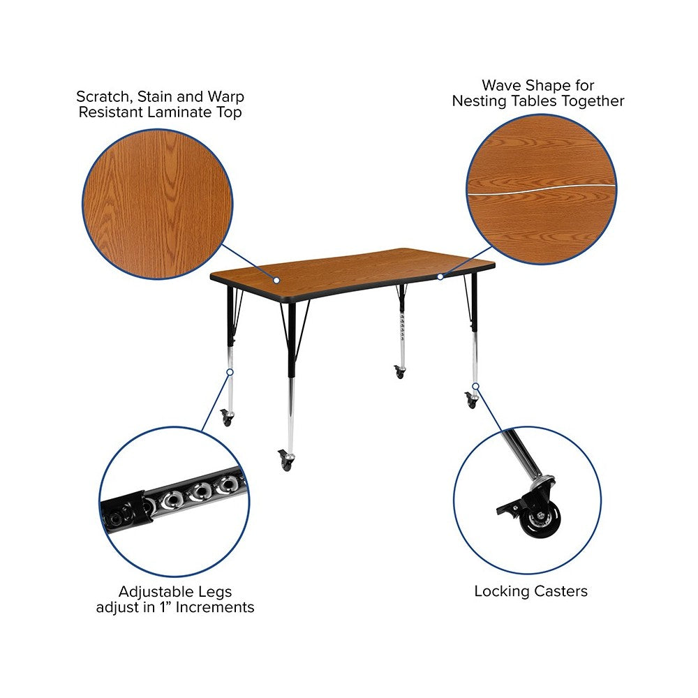 Mobile 28"W x 47.5"L Rectangular Wave Collaborative Oak Thermal Laminate Activity Table-Standard Height Adjustable Legs