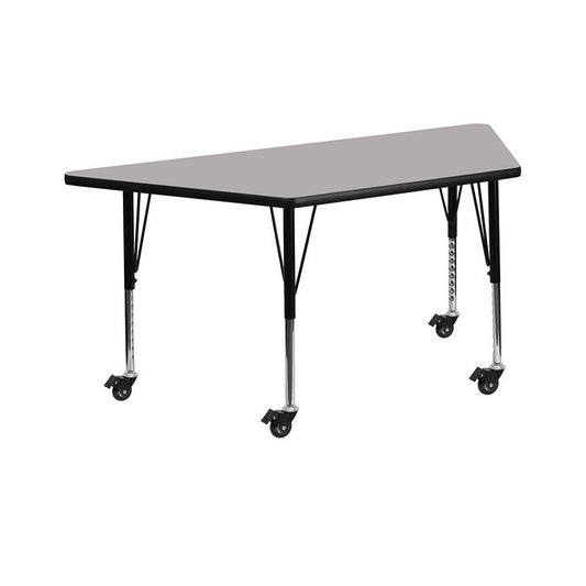 Mobile 29''W x 57''L Trapezoid Gray Thermal Laminate Activity Table - Height Adjustable Short Legs