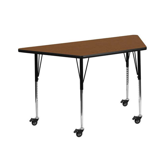 Mobile 29''W x 57''L Trapezoid Oak HP Laminate Activity Table - Standard Height Adjustable Legs