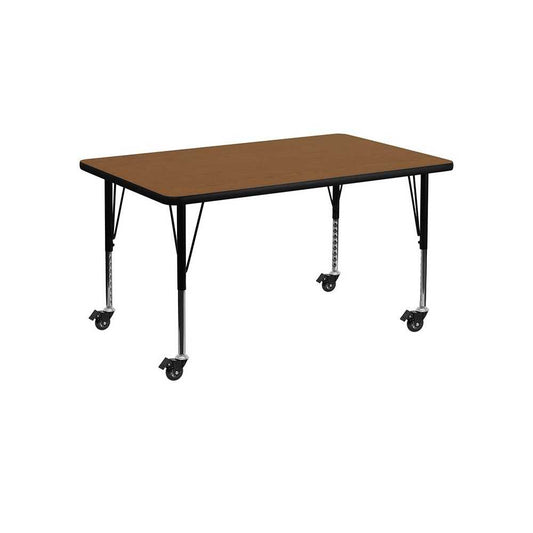 Mobile 30''W x 48''L Rectangular Oak HP Laminate Activity Table - Height Adjustable Short Legs