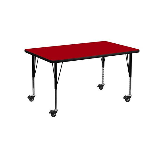 Mobile 30''W x 48''L Rectangular Red Thermal Laminate Activity Table - Height Adjustable Short Legs