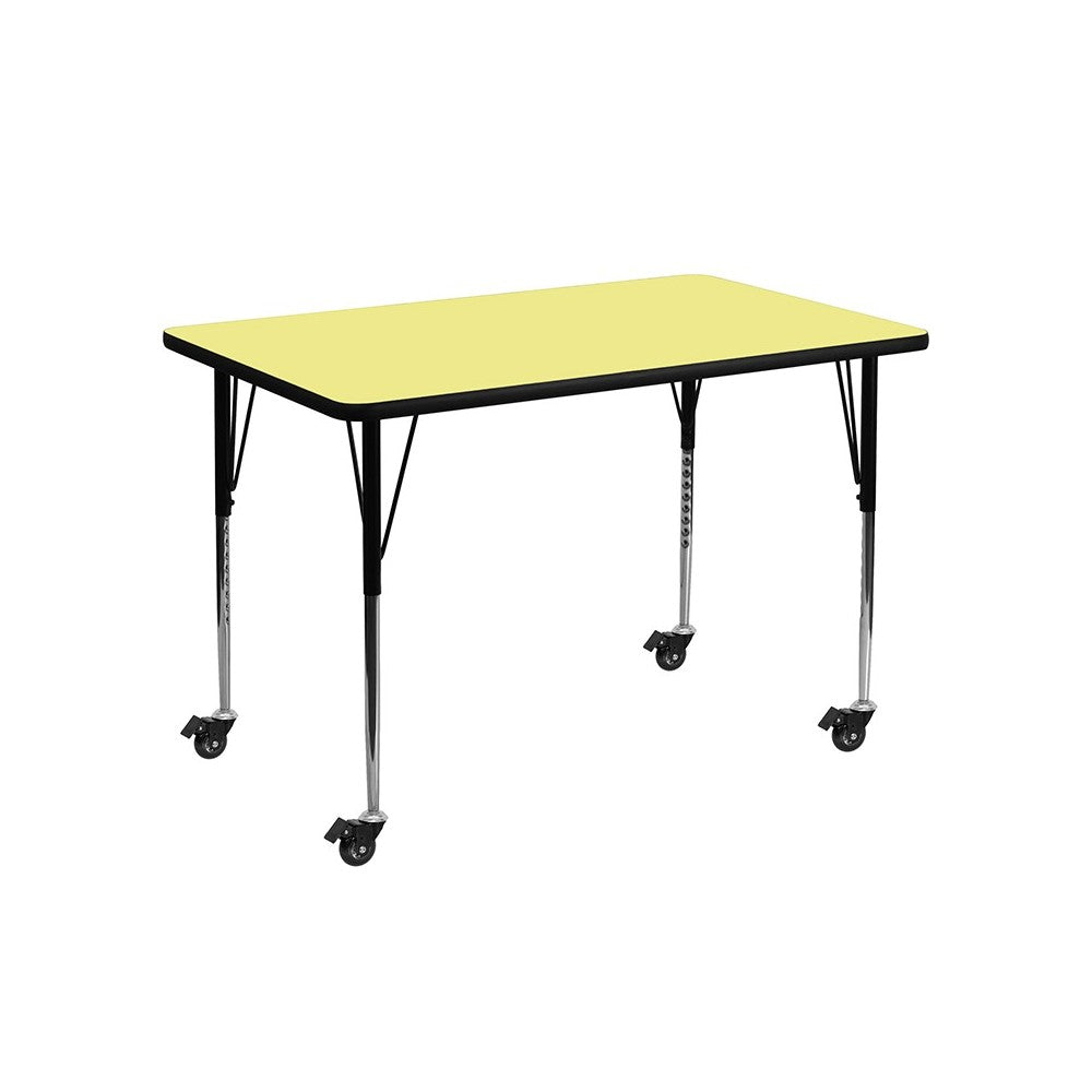 Mobile 30''W x 48''L Rectangular Yellow Thermal Laminate Activity Table - Standard Height Adjustable Legs