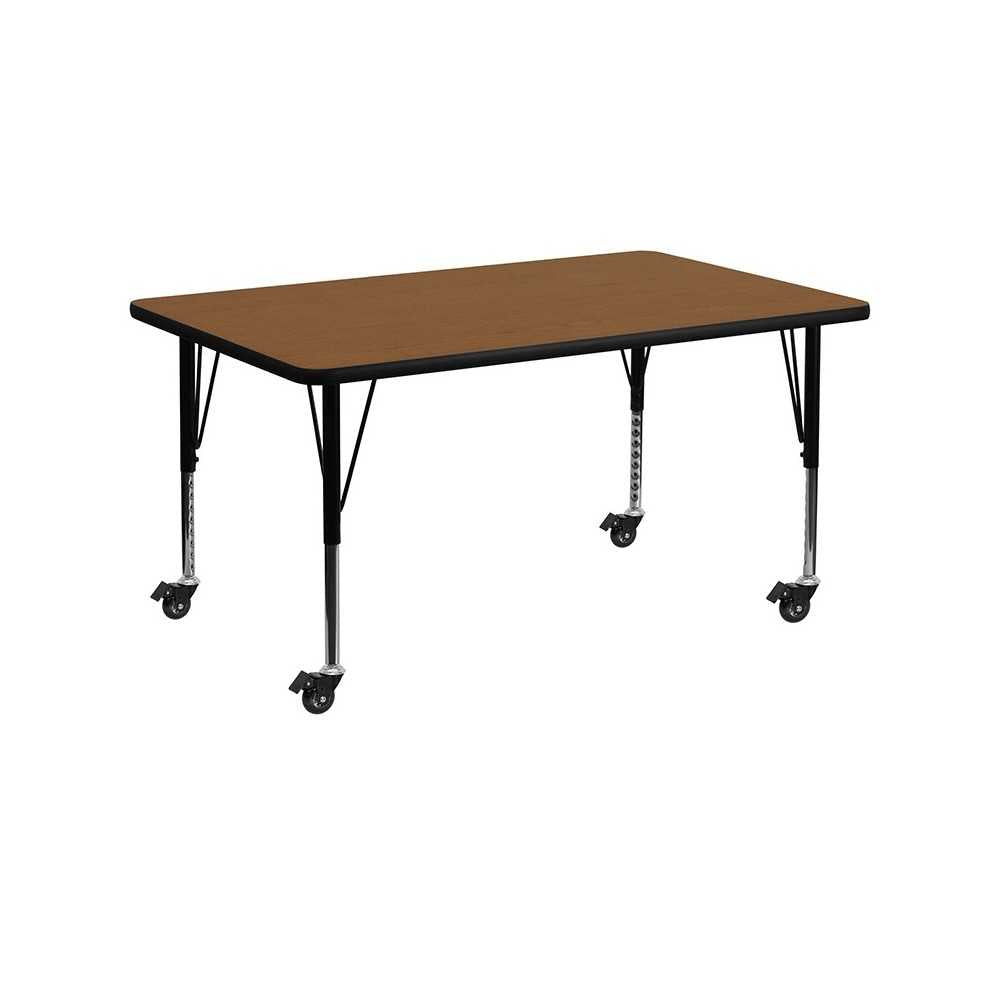 Mobile 30''W x 60''L Rectangular Oak HP Laminate Activity Table - Height Adjustable Short Legs