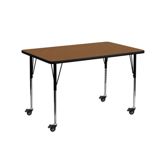 Mobile 30''W x 60''L Rectangular Oak HP Laminate Activity Table - Standard Height Adjustable Legs