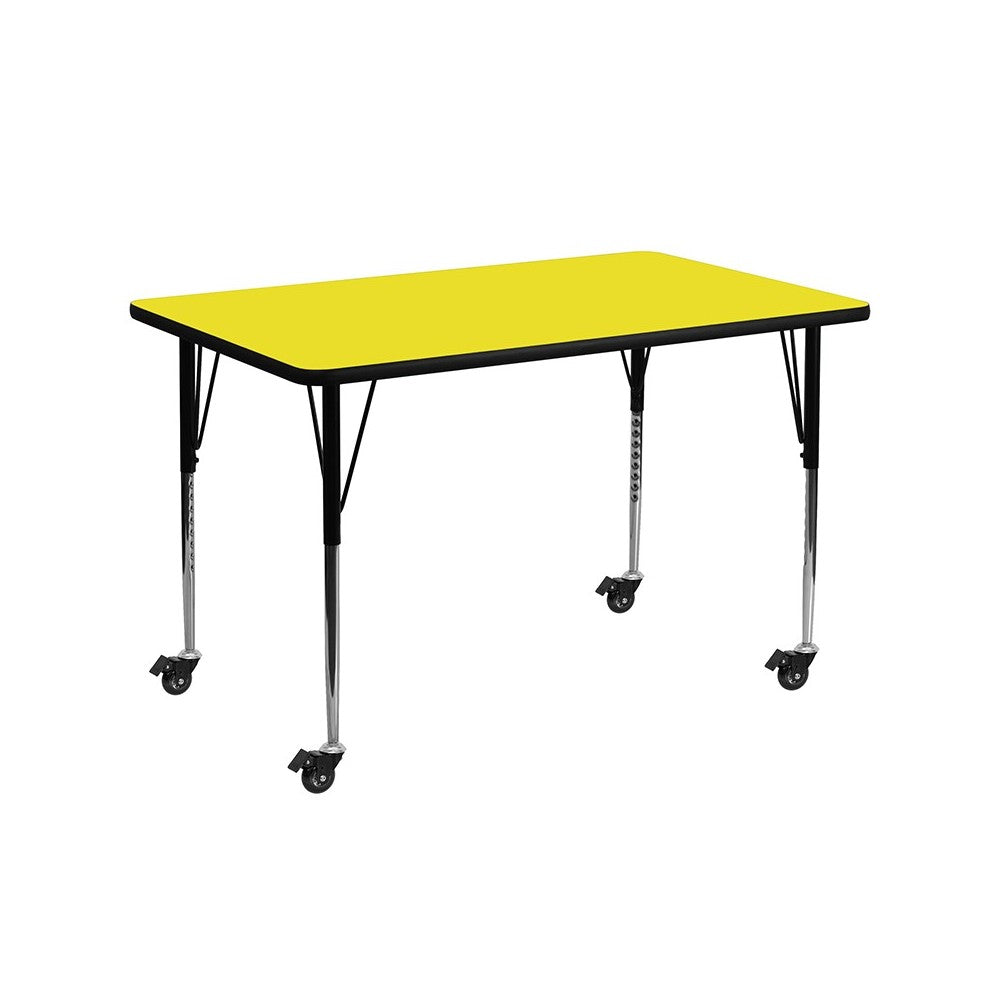 Mobile 30''W x 60''L Rectangular Yellow HP Laminate Activity Table - Standard Height Adjustable Legs