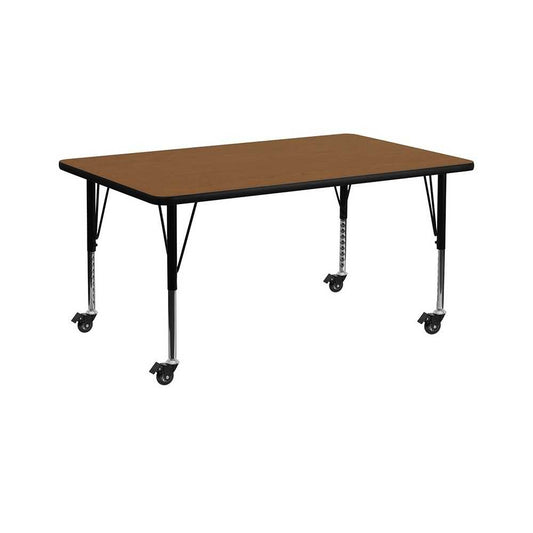 Mobile 30''W x 72''L Rectangular Oak HP Laminate Activity Table - Height Adjustable Short Legs